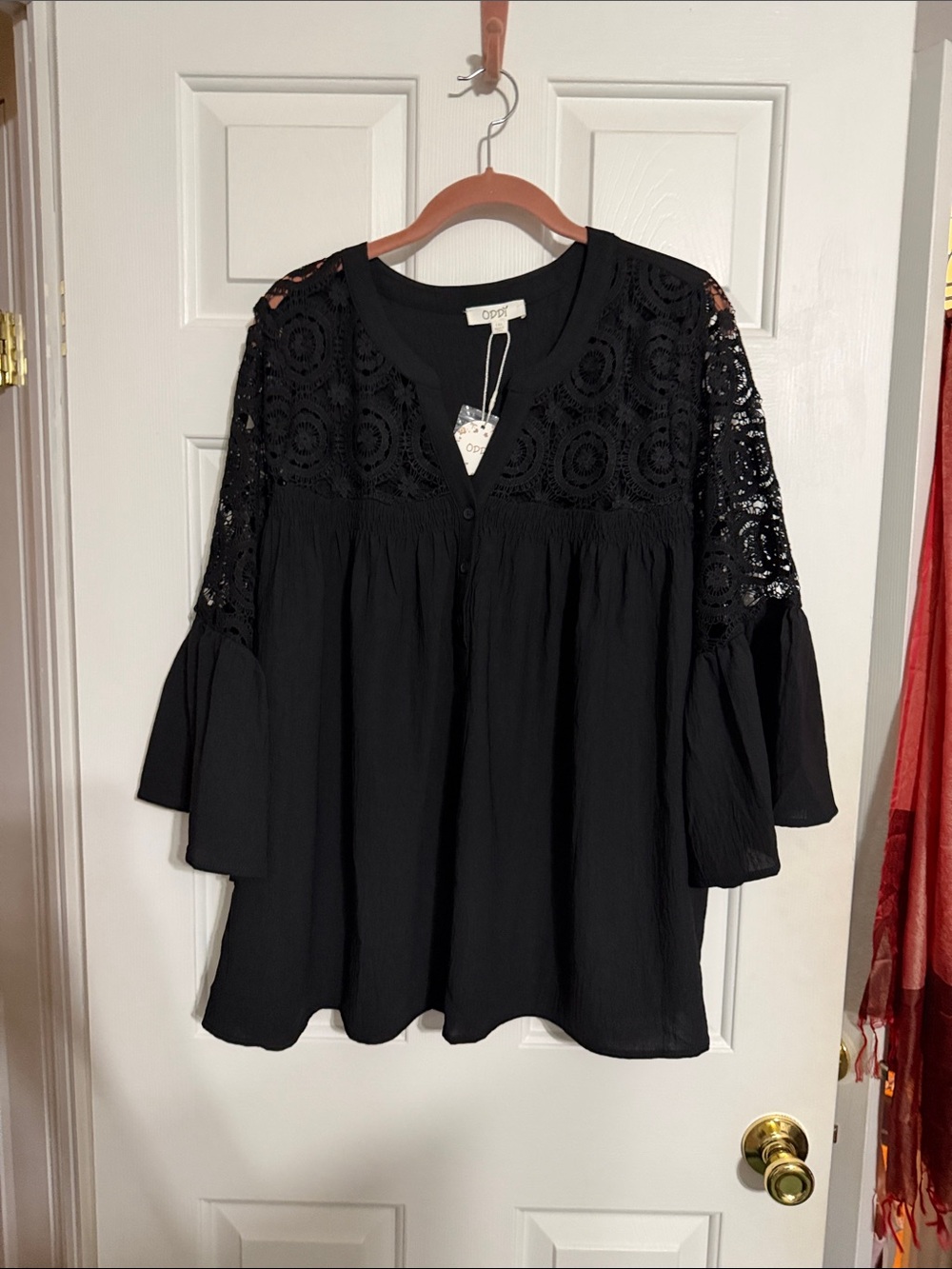 ODDY Black Lace Yoke Bell-Sleeve Tunic Top